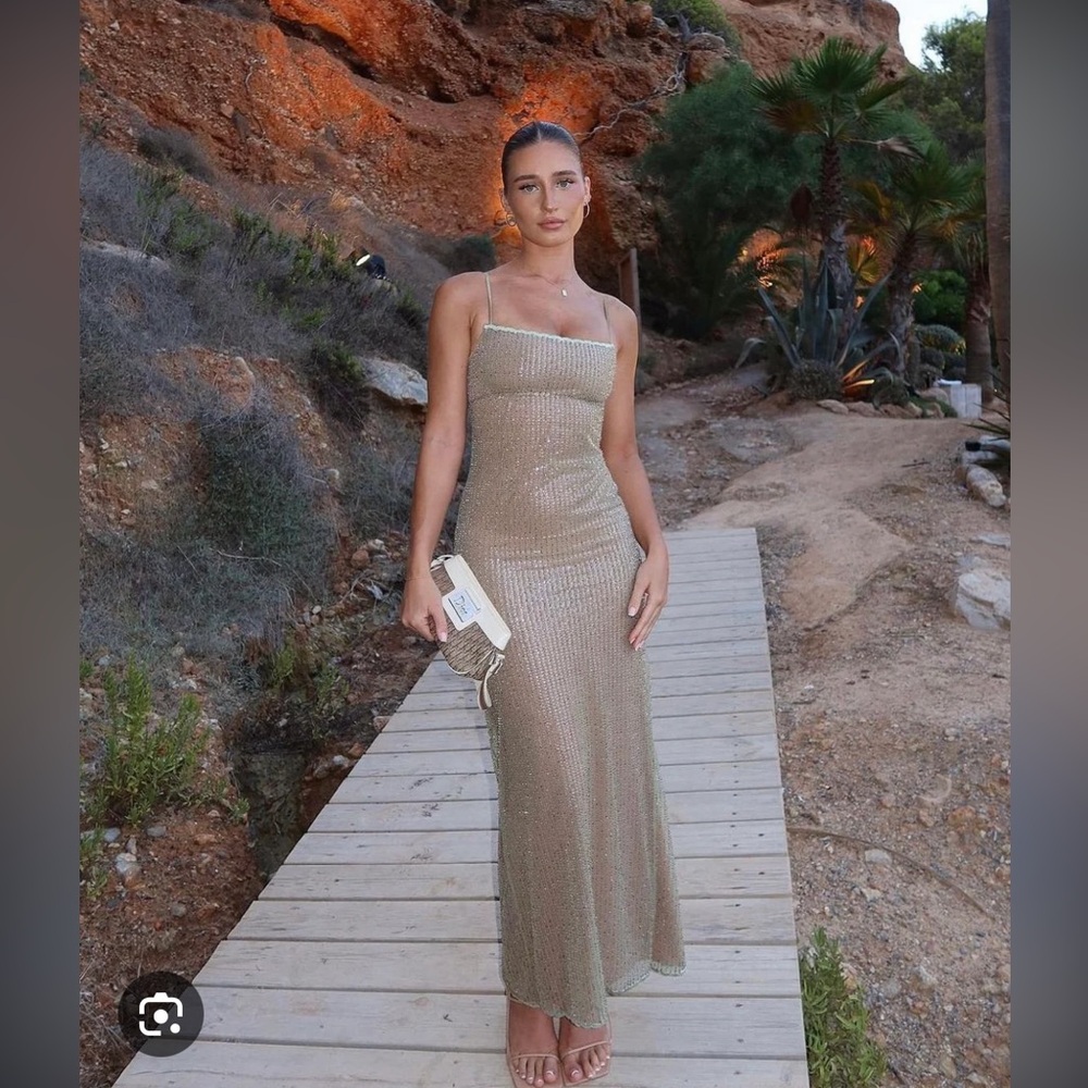 House of Cb Alondra Cafe au lait beaded maxi dress